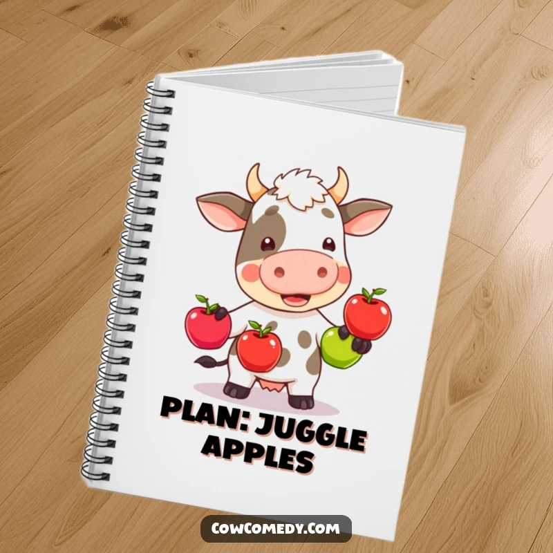 Funny kawaii cow wobbly juggling three colorful apples, on the cover of a lined notebook, inspiring cheerful productivity.