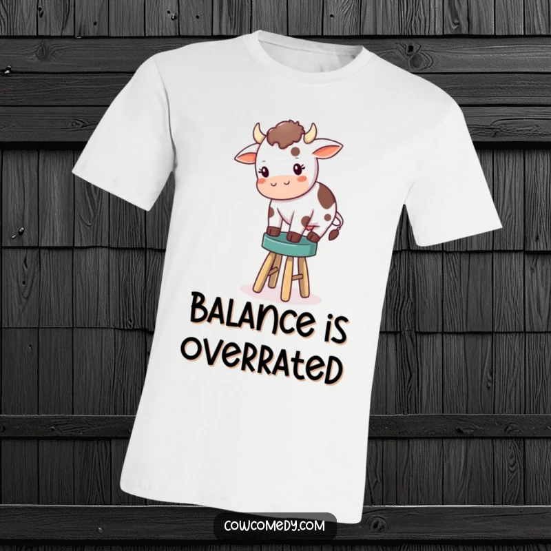 Funny t-shirt print of a determined little cow bravely attempting to balance on a very small, unstable stool, evoking a sense of playful struggle.