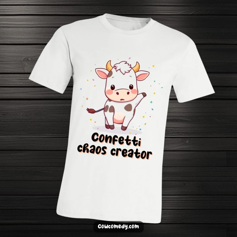 Funny t-shirt with a playful cow energetically kicking up a shower of multicolored confetti.