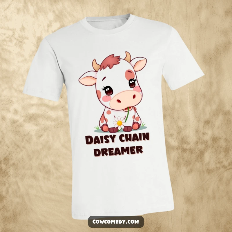 Funny t-shirt showing a cute, spotted cow happily chewing on a daisy, conveying pure joy and charm, great gift.