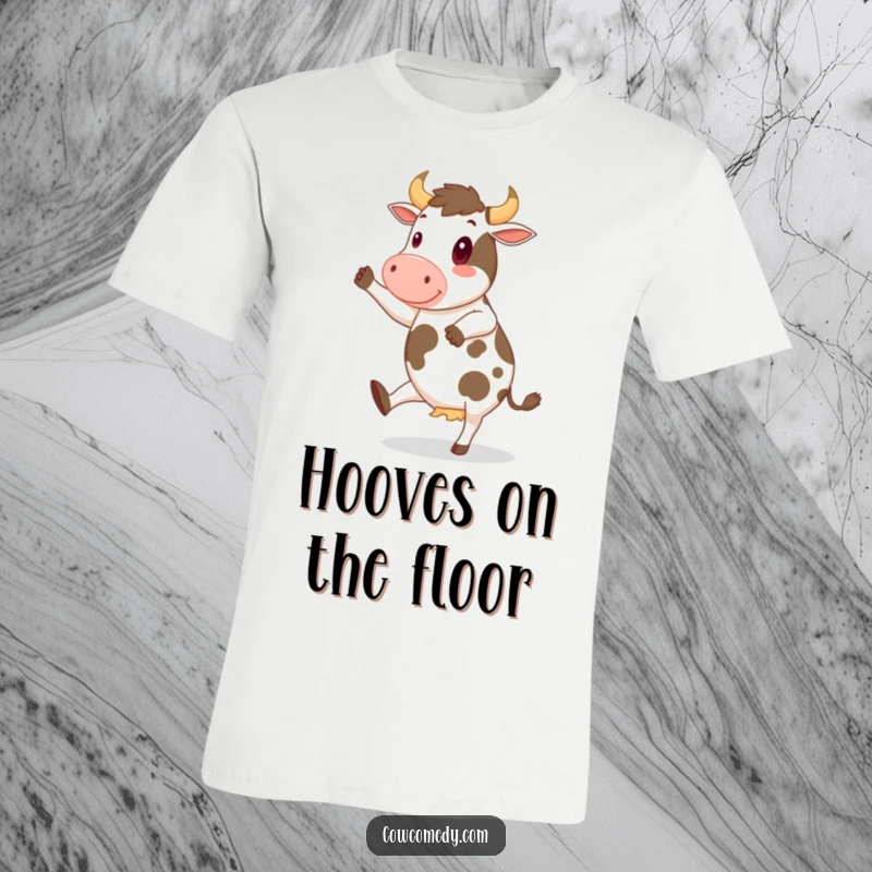 Funny T-Shirt of a cheerful cow joyfully dancing a jig with its hooves, radiating pure happiness and humor.