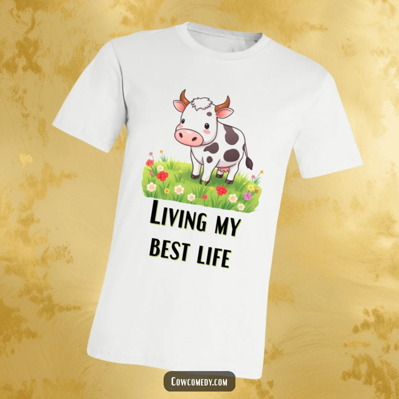 Funny t-shirt featuring a contented cow grazing in a vibrant meadow, embodying peaceful farm life and relaxation.