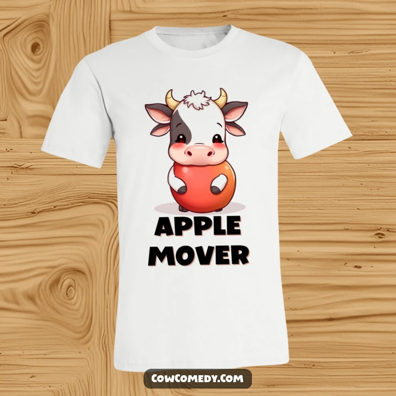 Funny t-shirt with a cow using its nose to nudge a big, round apple as it rolls. A whimsical and charming graphic tee.