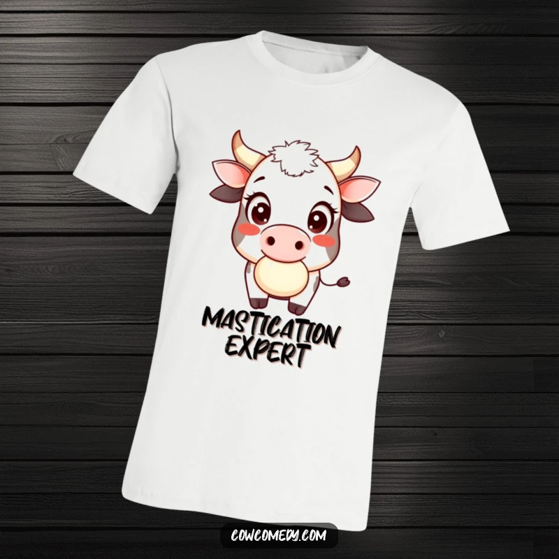 Funny cow cud chewer t-shirt with a smiling cow, big innocent eyes, playfully chewing cud, showcasing farmyard amusement.
