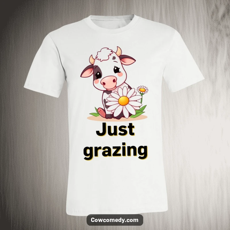 Funny t-shirt showcasing a happy cow with big eyes, gleefully munching on an oversized, artistic daisy. A whimsical and joyful graphic tee.