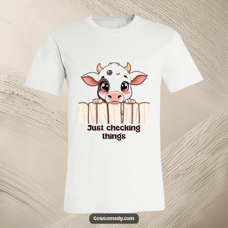 Funny curious cow t-shirt featuring a cow peeking over a fence with wide, expressive eyes.