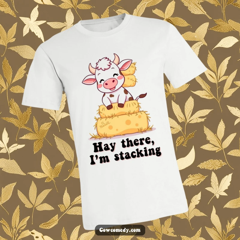 Funny T-Shirt graphic of a cow with a wide, giggling smile, precariously balancing a wobbly tower of hay bales. Effortlessly funny.