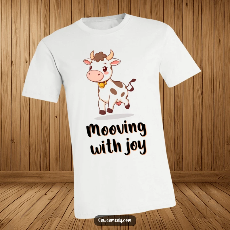Funny t-shirt graphic of a happy cow wearing a bell, skipping along joyfully in a field, conveying a sense of pure delight.