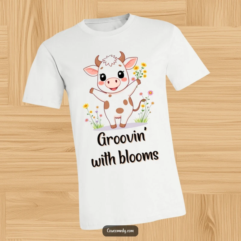 Funny t-shirt illustrating a beaming cow gleefully dancing, holding a cheerful bunch of assorted wildflowers.