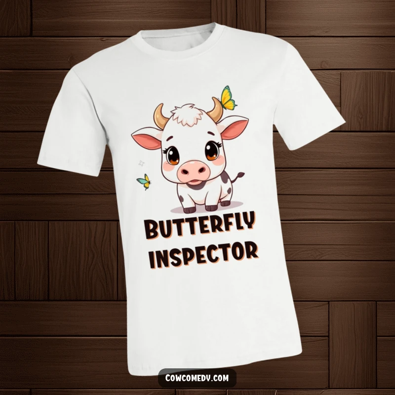 Funny kawaii cow t-shirt with wide, curious eyes, watching a butterfly flutter by, perfect for expressing a love of nature.