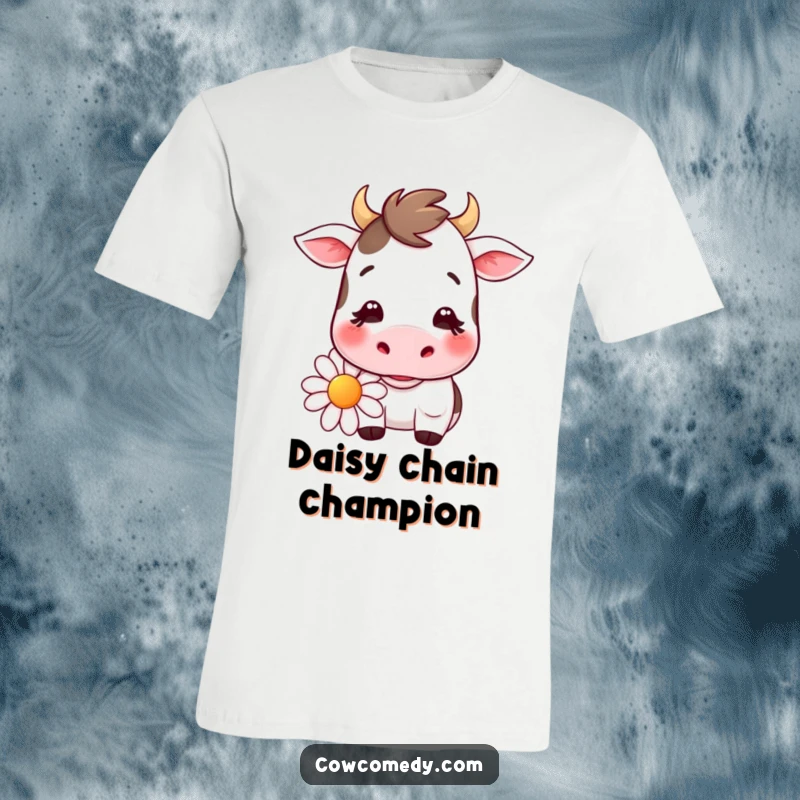 Funny kawaii cow t-shirt featuring a cow with a soft smile, munching on a large daisy, perfect for casual wear and farm animal lovers.