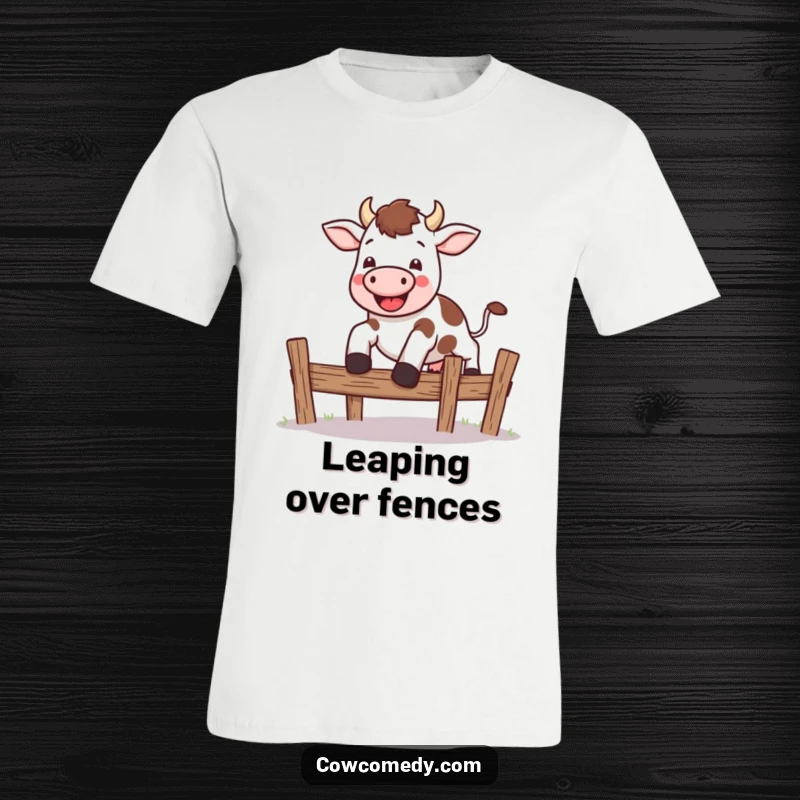 Funny kawaii cow t-shirt depicting a cute cow joyfully leaping high over a small, stylized fence with pure enthusiasm.