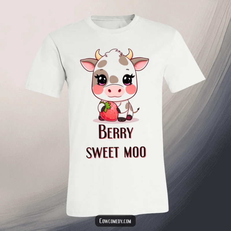 Funny kawaii cow t-shirt showing a cute cow with rosy cheeks offering a comically large strawberry, embodying sweetness.