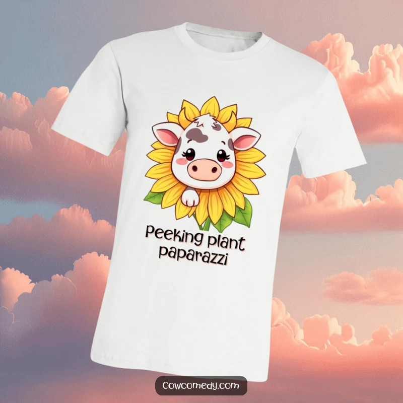Funny Kawaii cow t-shirt featuring a cute cow with a shy smile peeking from behind a large sunflower.