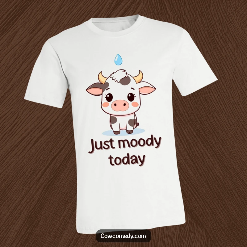 Funny kawaii cow t-shirt, looking utterly shocked as a single raindrop falls, conveying adorable surprise and lighthearted fun.