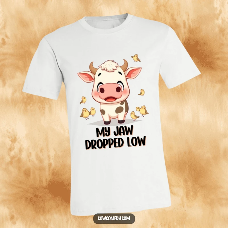 Funny cow with enormous eyes looking astonished at tiny birds on a t-shirt, perfect for nature lovers.