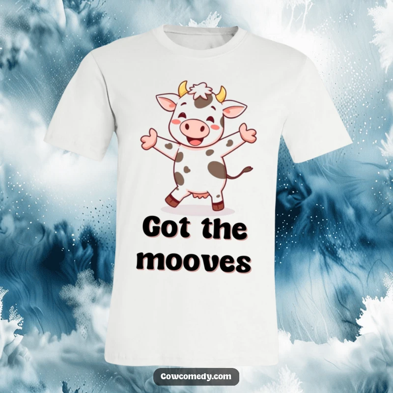 Funny cheerful cow jig t-shirt with a spotted cow performing a happy little dance, exuding pure, infectious cheerfulness.