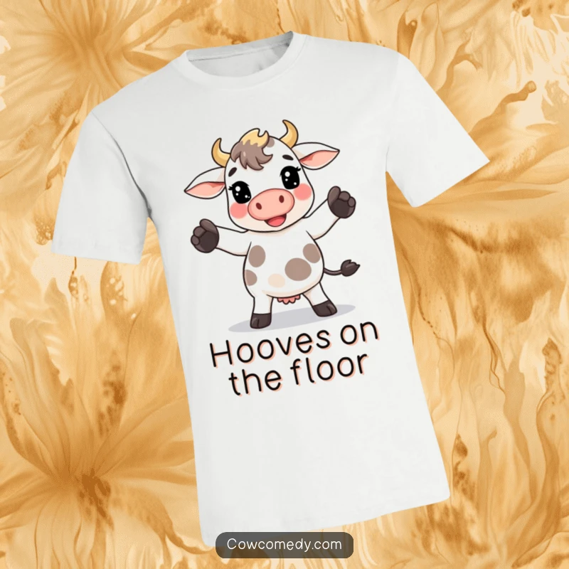 Funny Kawaii cow t-shirt featuring a cow doing a silly dance move with its hooves, radiating pure joy and energy.