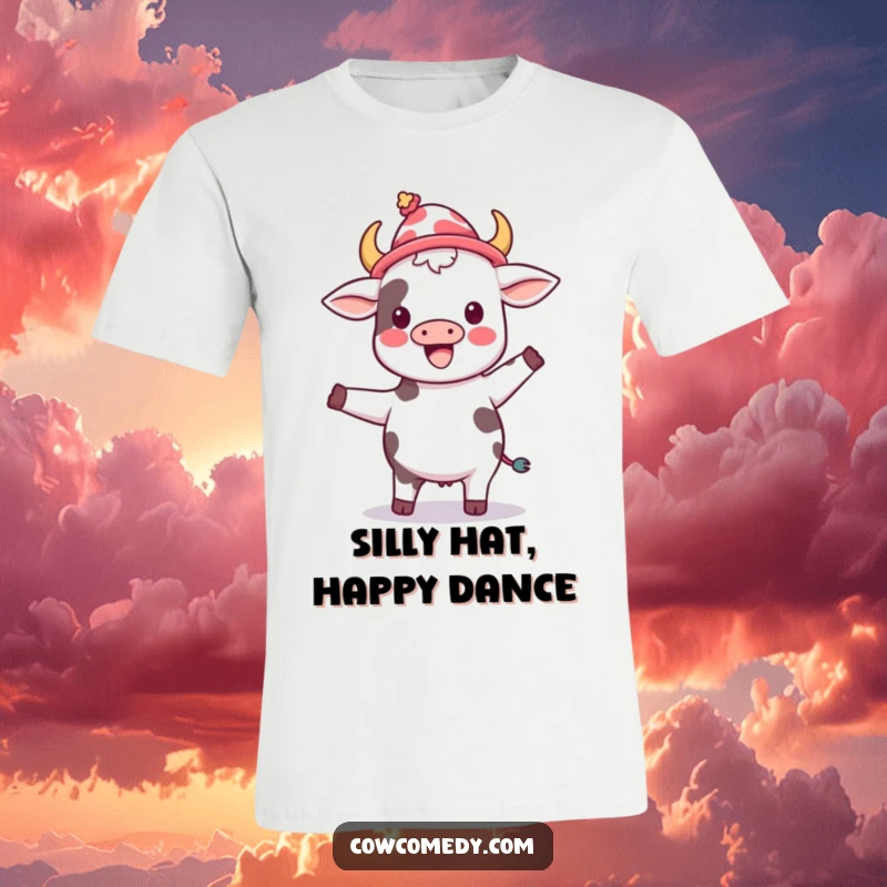 Funny kawaii cow wearing a silly hat, joyfully dancing with enthusiasm, wearing a t-shirt, embodying pure celebration.