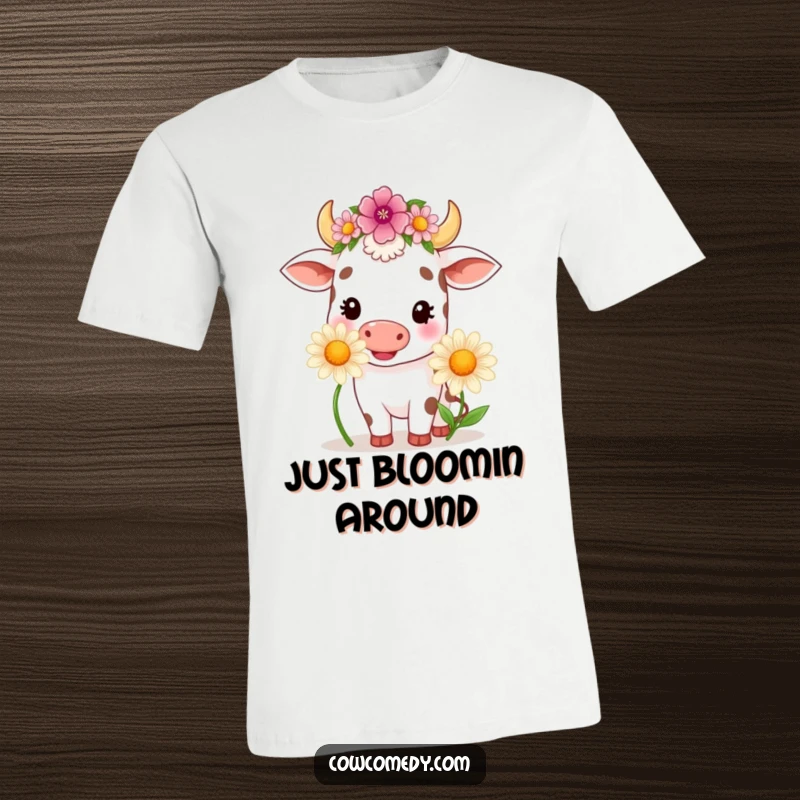 Funny kawaii cow wearing a flower crown, happily chewing a large daisy on a soft t-shirt, looking utterly content.