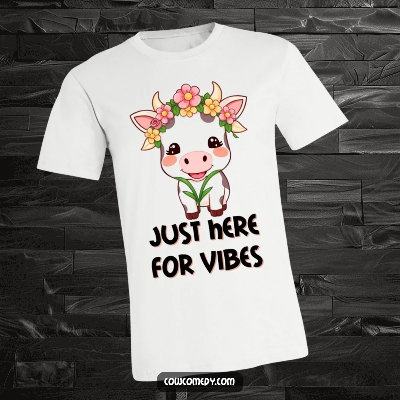 Funny Kawaii Cow T-Shirt: A smiling cow wearing a flower garland, happily chewing grass, perfect for a funny gift.