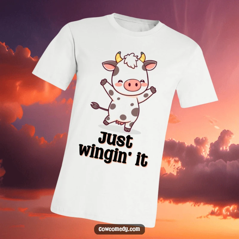 Funny Kawaii Cow Dance T-Shirt: a spotted character in a delightful pose, celebrating movement and joy with a unique, cute design.