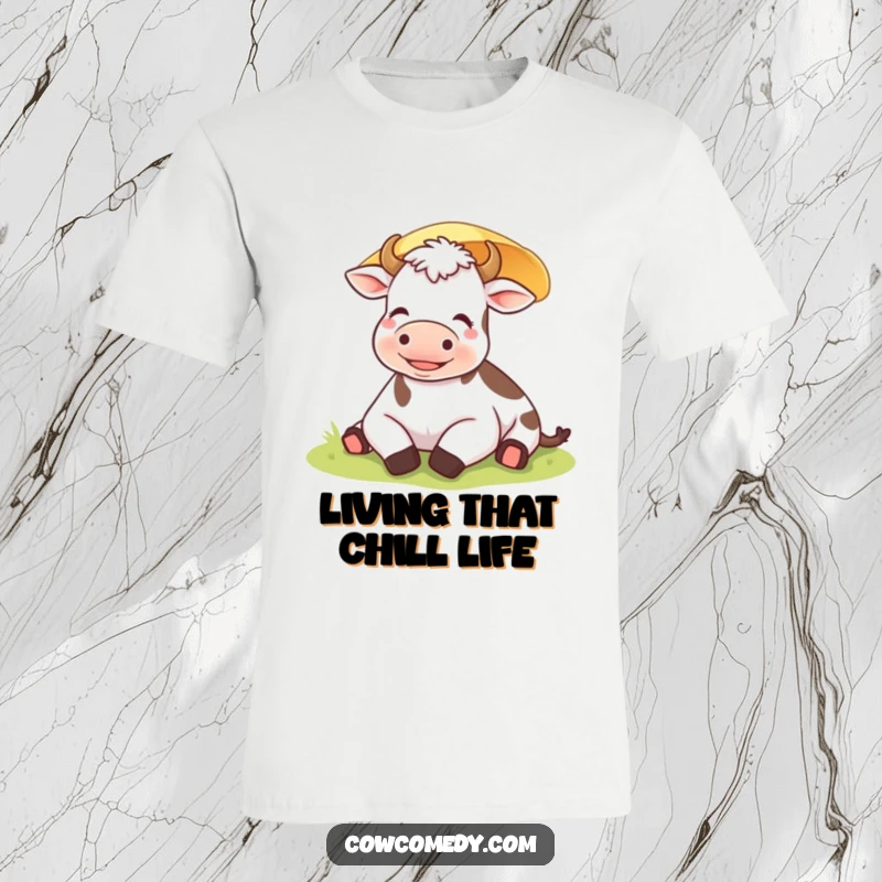 Funny happy cow resting under a sunshade and sighing contentedly on a t-shirt, perfect for relaxation.