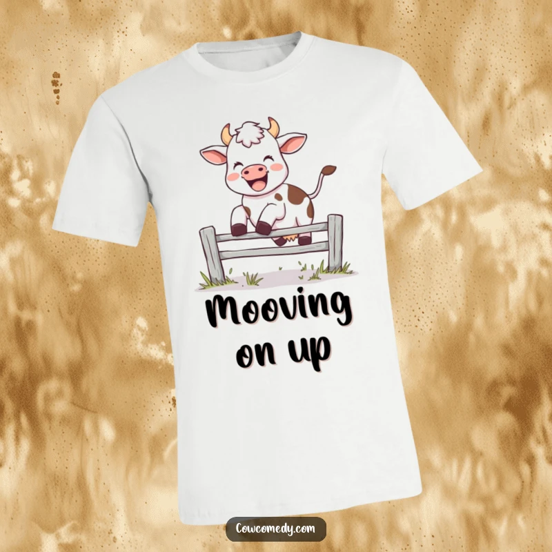 Funny t-shirt with a joyful cow leaping over a fence, mid-moo, conveying pure happiness and athleticism, excellent gift.