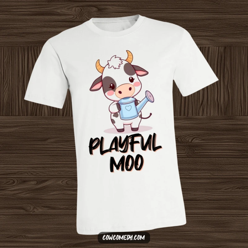 Funny kawaii cow t-shirt depicting a cute cow holding a tiny watering can with a playful expression, ready to tend plants.