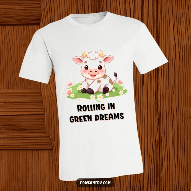 Funny T-Shirt graphic of a miniature cow gleefully rolling in a field bursting with green clover. Pure, happy chaos.