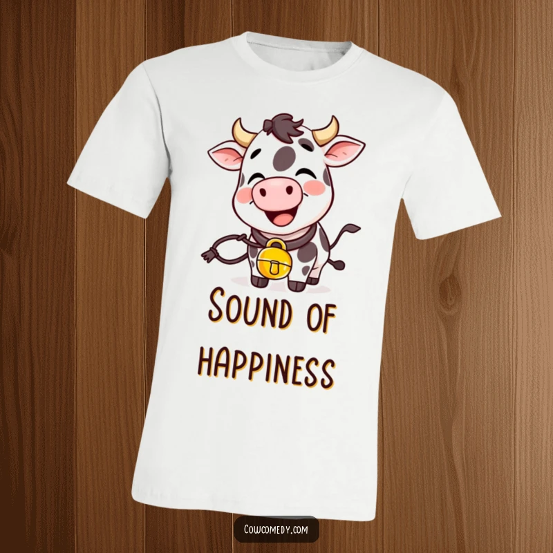 Funny giggling cow t-shirt featuring a cow with a cowbell around its neck, ringing out happy sounds.
