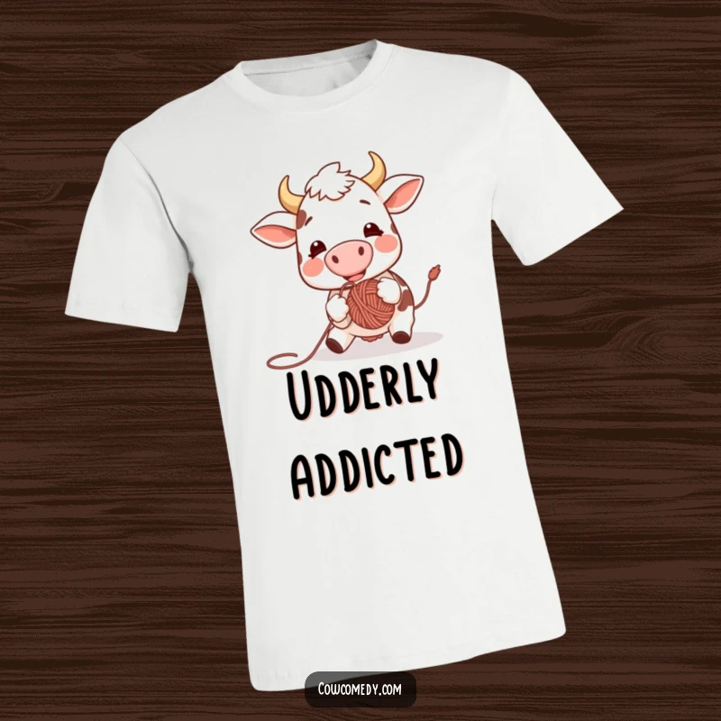 Funny t-shirt graphic of a joyful cow using its nose to bounce a ball of yarn, radiating happiness and playful energy.