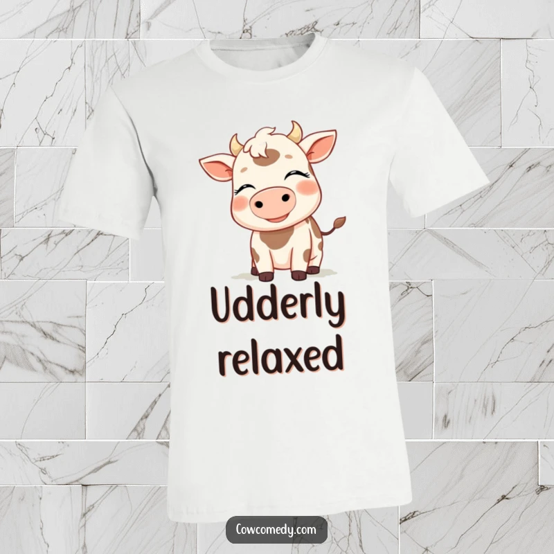 Funny t-shirt with a smiling cow, eyes closed, enjoying a cool breeze, capturing a moment of pure peace, excellent gift.