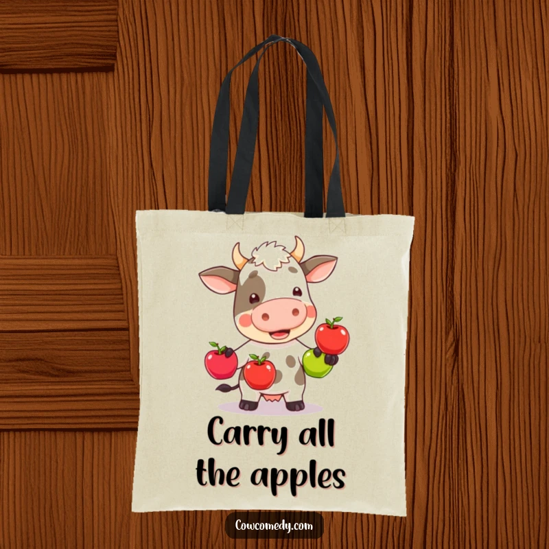 Funny kawaii cow wobbly attempting to juggle three colorful apples, printed on a durable tote bag, looking flustered.