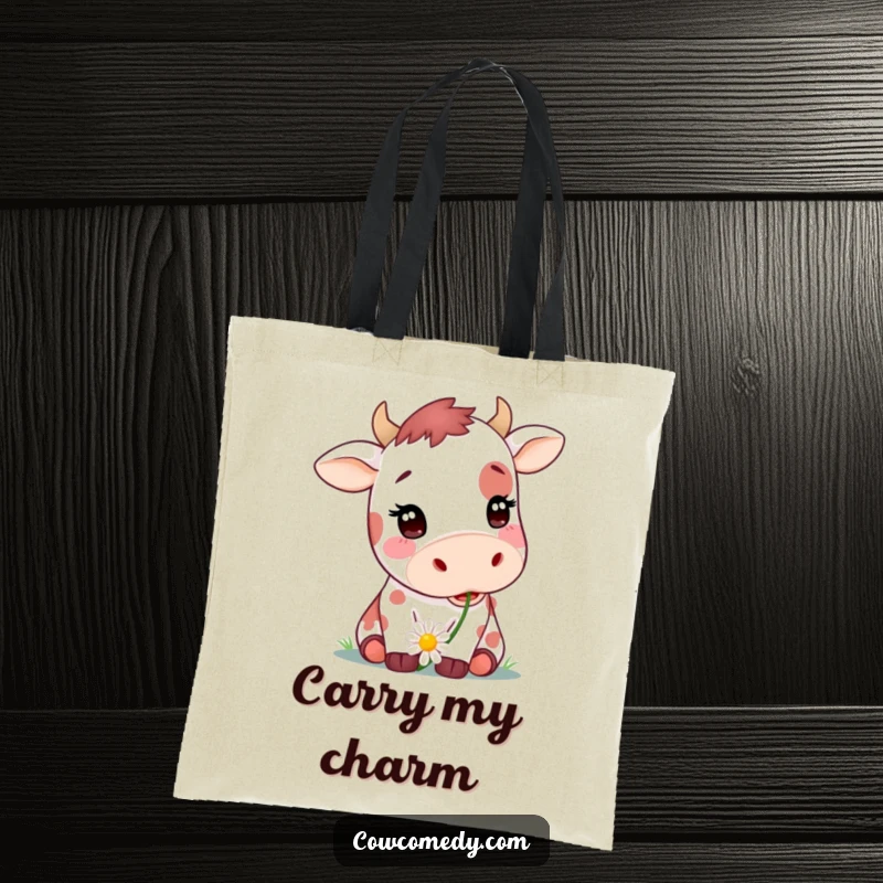 Funny tote bag featuring a cute spotted cow happily chewing a daisy, perfect for shopping and carrying essentials, great gift.