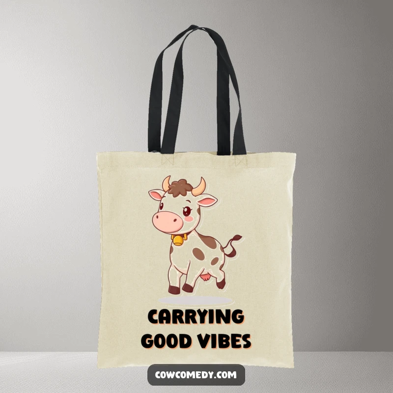 Funny tote bag print of a happy cow wearing a bell, skipping joyfully, perfect for carrying items with a cheerful and humorous touch.