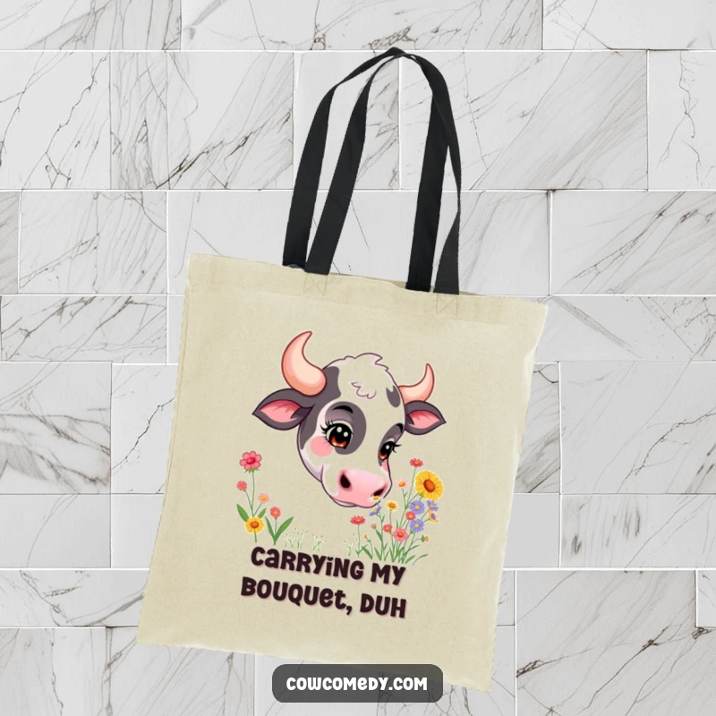 Funny tote bag with a curious cow standing alert, sniffing a large, vibrant bunch of multicolored wildflowers. Practical and charming.