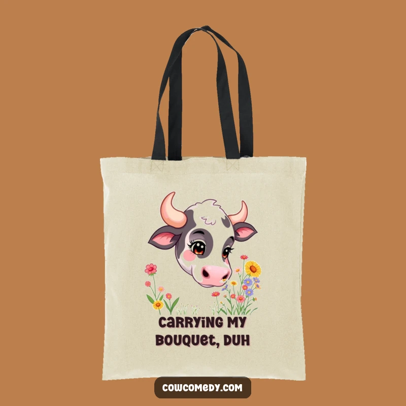 Funny Curious Cow Tote Bag: Wildflower Sniffing Shopper, Great Funny Gift