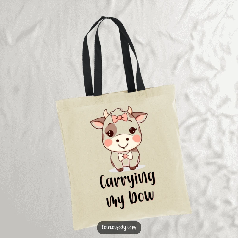 Funny Kawaii cow tote bag showing a cow with a happy grin and a silly bow, perfect for carrying smiles.