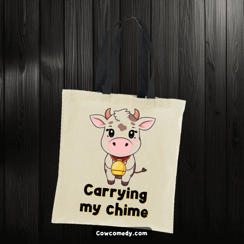 Funny tote bag illustration of a whimsical cow with a gentle smile, wearing a bell that glitters with joyful sparkles. Spacious and charming.