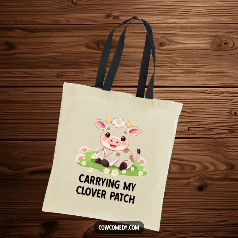 Funny tote bag illustration of a tiny, happy cow rolling upside down in a vibrant field of green clover. Spacious and cute.