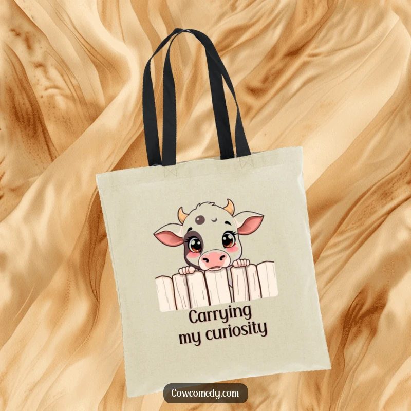 Funny curious cow tote bag showing a cow peeking over a fence with wide, observant eyes, great for shopping.