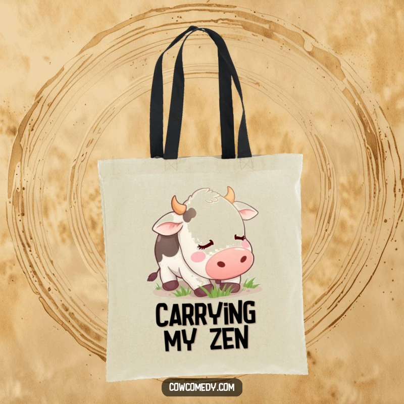 Funny Tote Bag depicting a peaceful, contented cow with closed eyes, grazing serenely, ideal for carrying goods with humor.