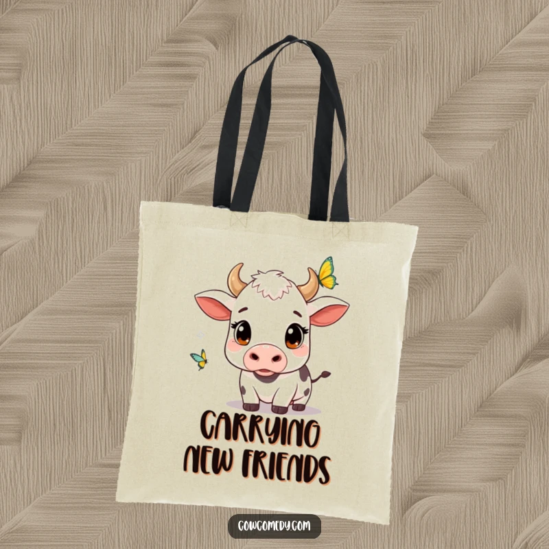 Funny kawaii cow tote bag with wide, curious eyes watching a fluttering butterfly, perfect for carrying books and daily items.