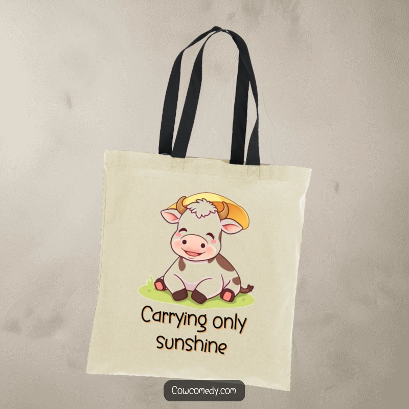 Funny happy cow relaxing under a sunshade on a durable tote bag, ideal for carrying essentials peacefully.