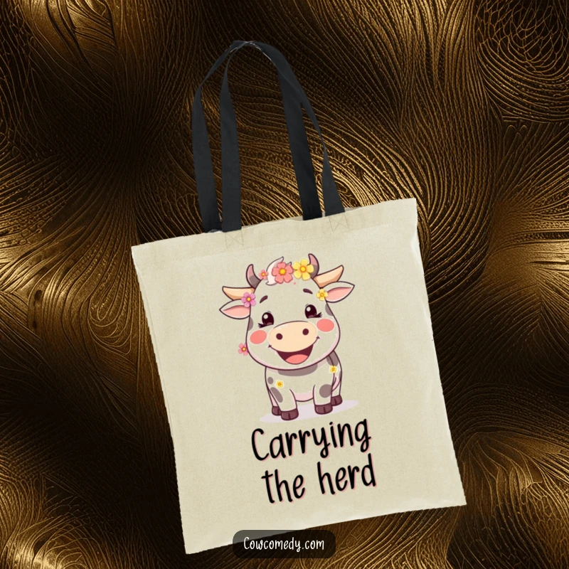 Funny happy cow tote bag with a wide smile and flowers in its fur, a spacious and cheerful carry-all.