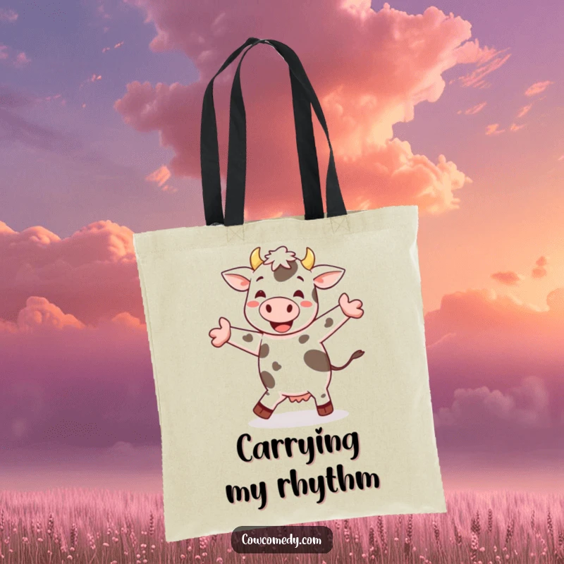 Funny cheerful cow jig tote bag with a spotted cow happily dancing and performing a little jig, illustrating pure joy.