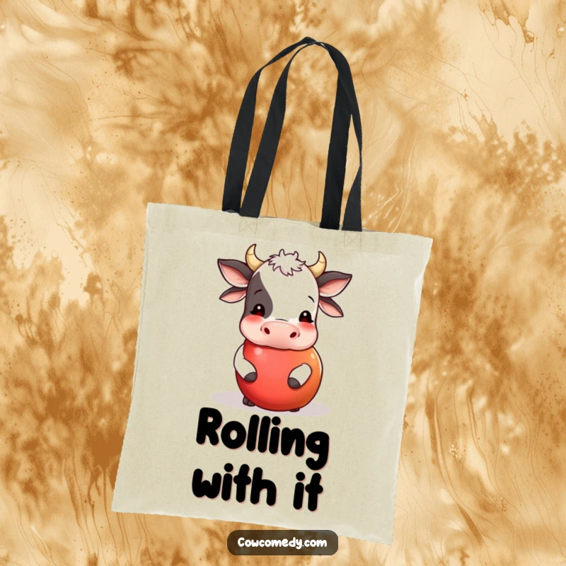 Funny tote bag depicting a cow nudging a large, round apple as it rolls. A charming and humorous accessory for everyday use.
