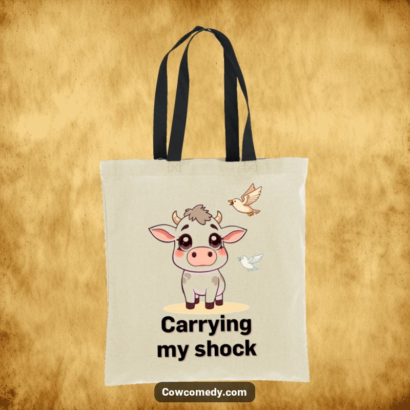Funny cow tote bag showing a cow with wide, surprised eyes looking up at a flying bird, symbolizing comical farmyard observations.