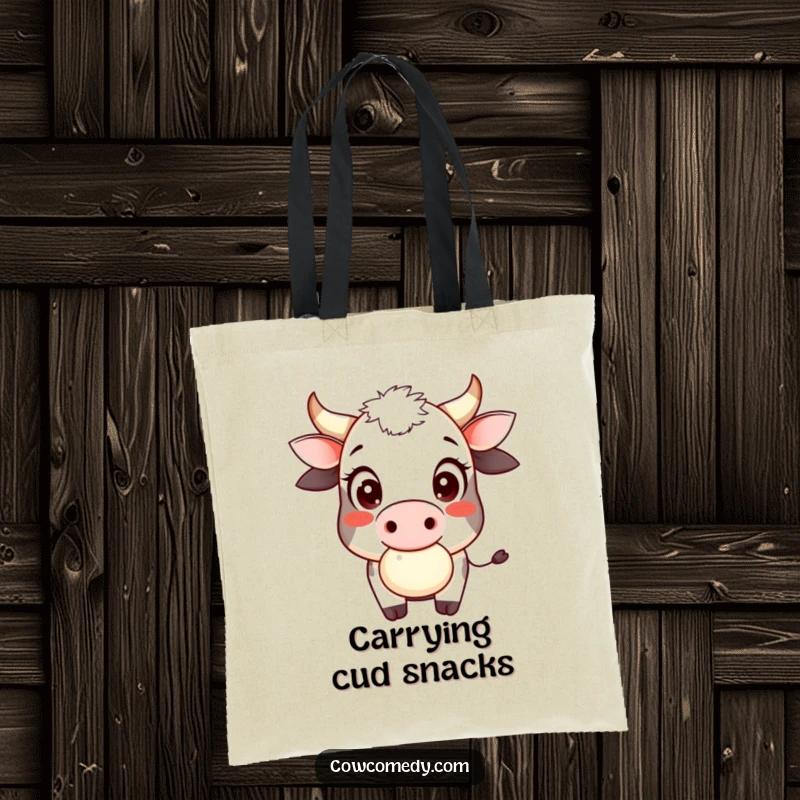 Funny cow cud chewer tote bag with a smiling cow, big innocent eyes, playfully chewing cud, illustrating gentle farm amusement.